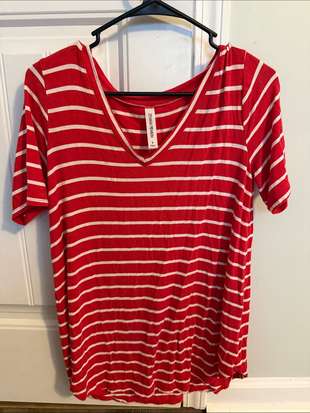 Zenana Outfitters Red & White Striped V-Neck Short Sleeve Tee